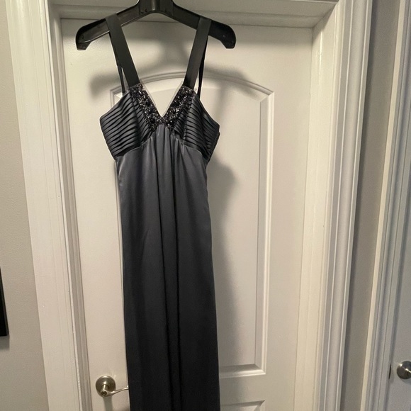 BCBGMaxazria Satin Gunmetal Beaded Maxi Gown Size 2 - Picture 2 of 7